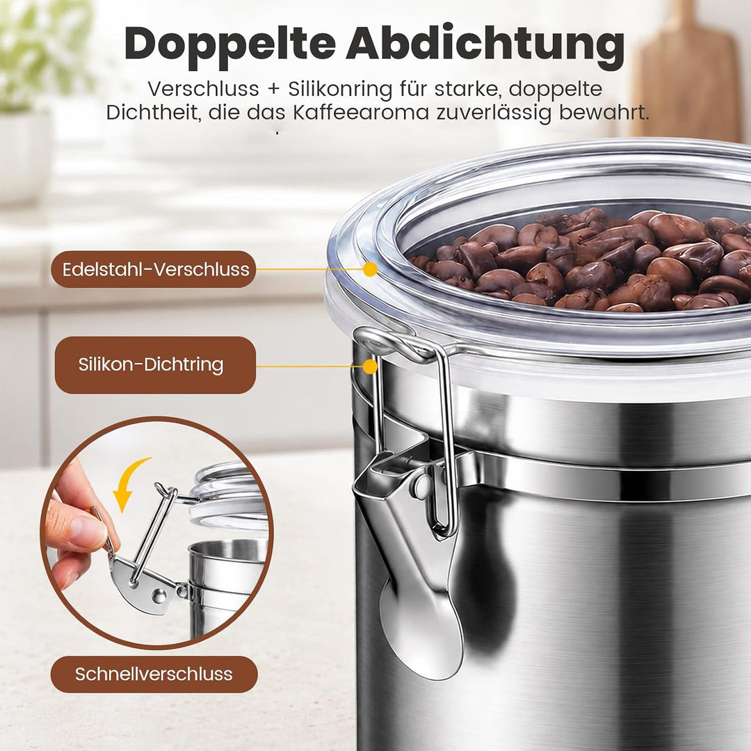 3 Stk Kaffeedose Edelstahl 2L&amp;1.1L, Kaffeedose Luftdicht 500g | Kaffeedose für Gemahlenen Kaffee, Ka