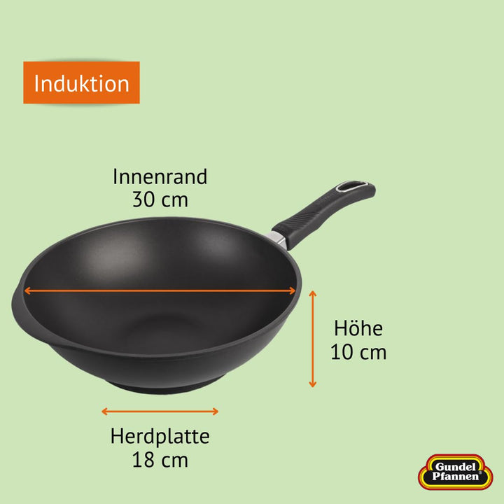Original Gundel GUSS-WOK INDUKTION, Ø 30 cm, Höhe 10 cm, Rühr-Pfanne PFOA-frei, Akku-Therm Boden – f