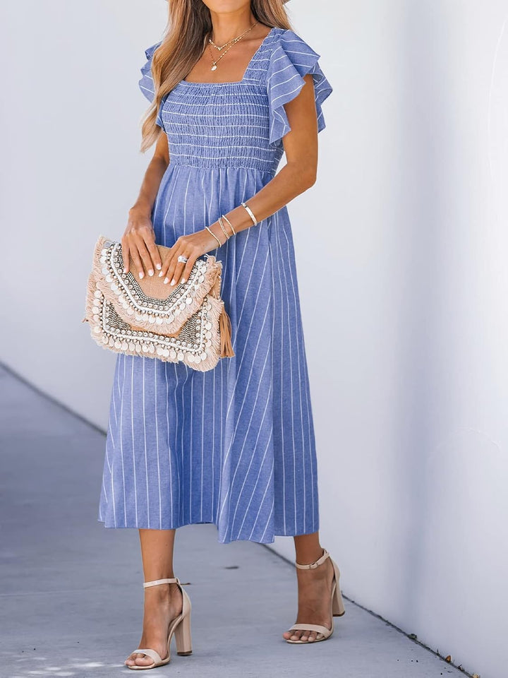 CUPSHE Damen Sommerkleid Quadratischer Ausschnitt Volantärmel Nadelstreifen A Linie Gesmoktes Maxikl