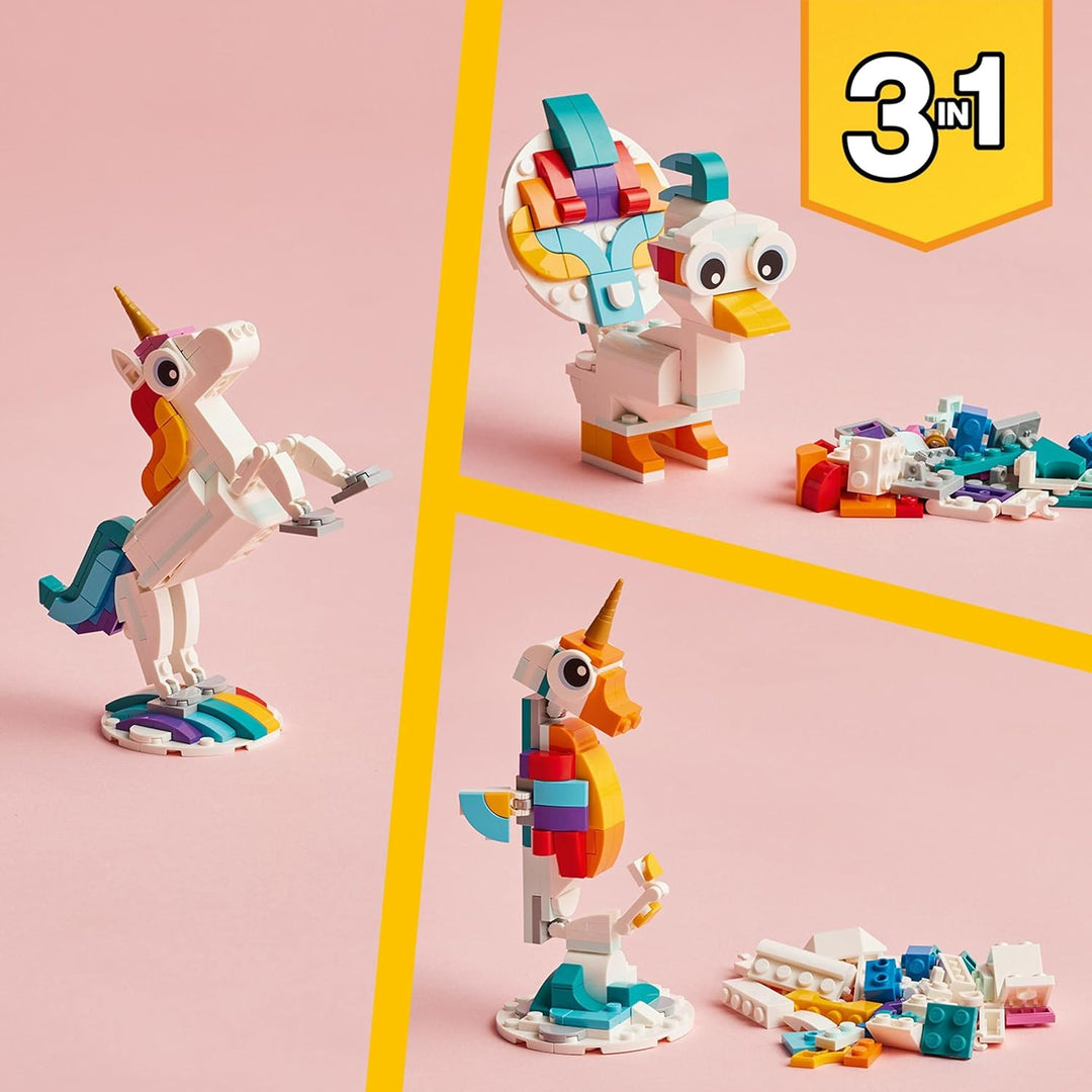 LEGO 31140 Creator 3in1 Magisches Einhorn Spielzeug, Seepferdchen, Pfau, Regenbogen-Einhorn-Tierfigu