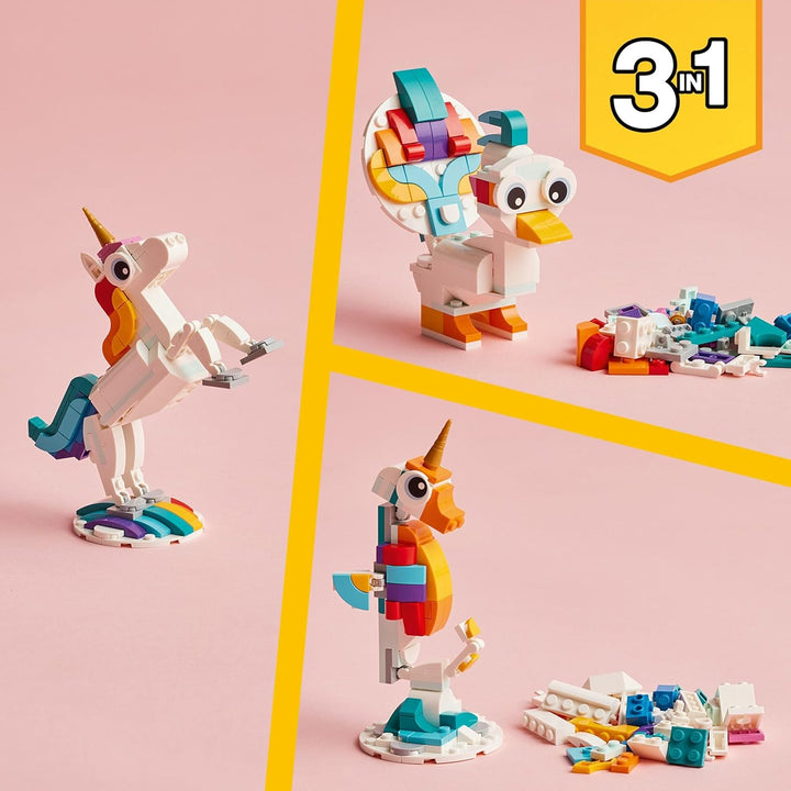 LEGO 31140 Creator 3in1 Magisches Einhorn Spielzeug, Seepferdchen, Pfau, Regenbogen-Einhorn-Tierfigu