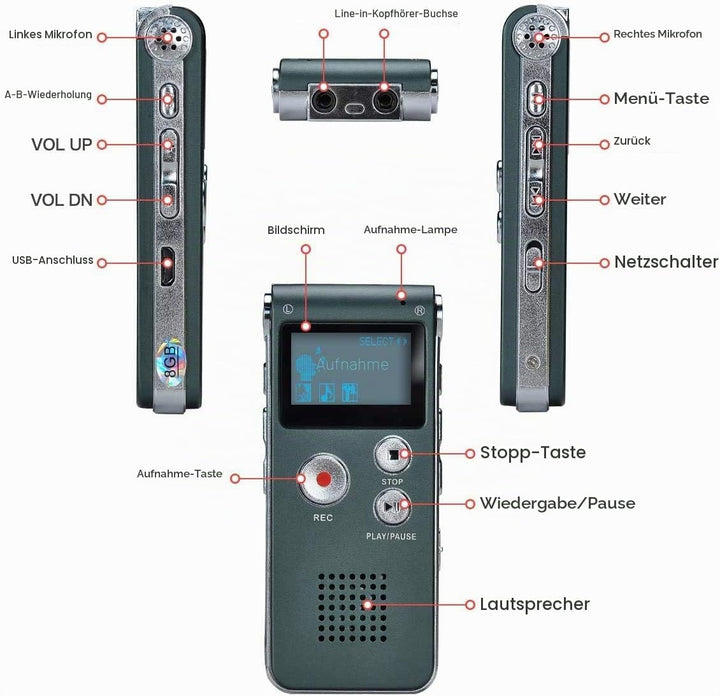 Lychee 8GB LCD Bildschirm Digitales Diktiergerät Aufnahmegerät Sprachaufnahme Audiorekorder Voice Re