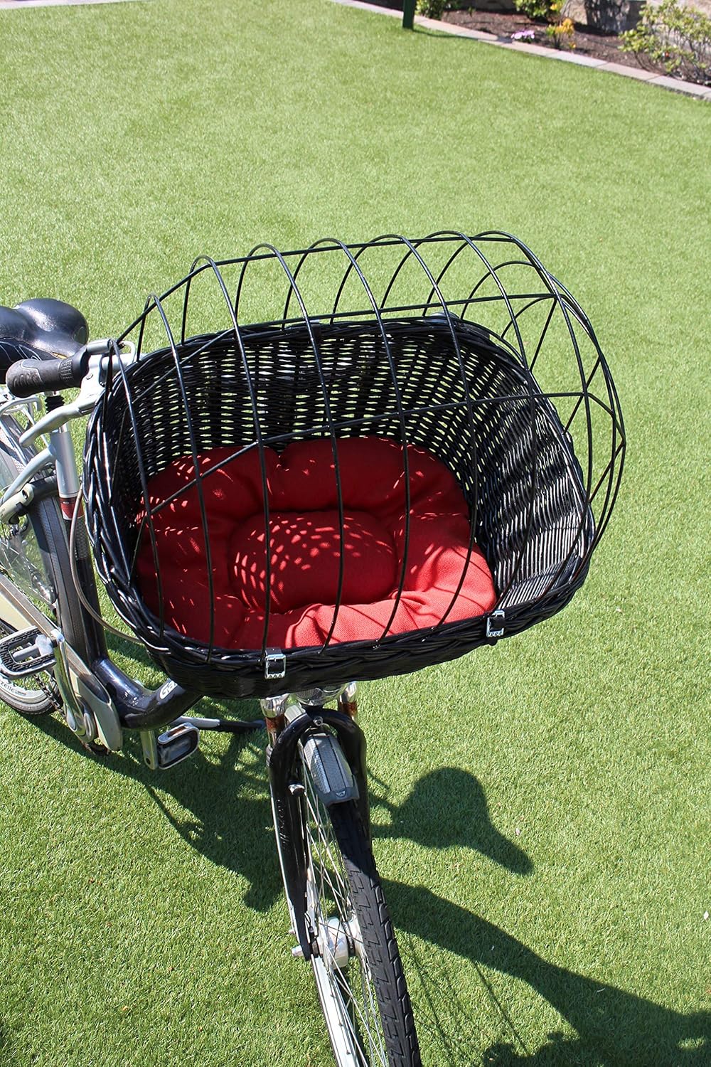 Hundefahrradkorb für Fahrradlenker aus Weide mit Metallgitter und Kissen in Schwarz Lenkrad Weidenko