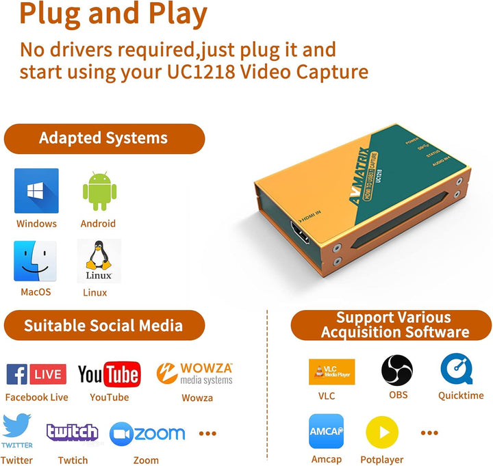 AVMatrix UC1218 Game SDI/HDMI to USB3.1 Gen1(USB3.0) Capture cam Link Card 1080p 60fps Live Streamin