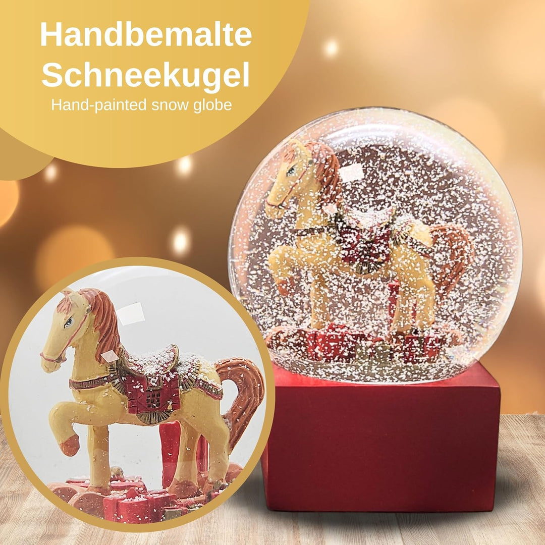 Weihnachts-Schneekugel | Schaukelpferd mit Geschenken | Farbe rot Gold | 100mm breit, 120mm hoch | B