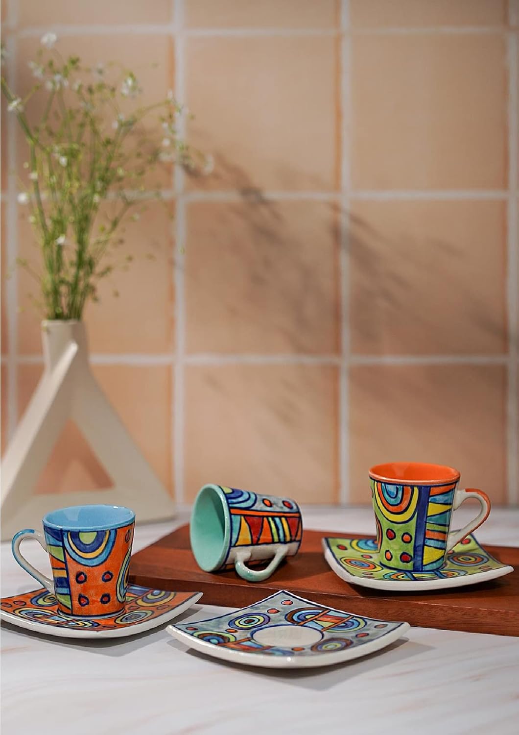 Gall&amp;Zick Espressotassen mit Untertasse, Kaffeetassen Set Modern, Kaffeebecher Keramik Handbemalt, E