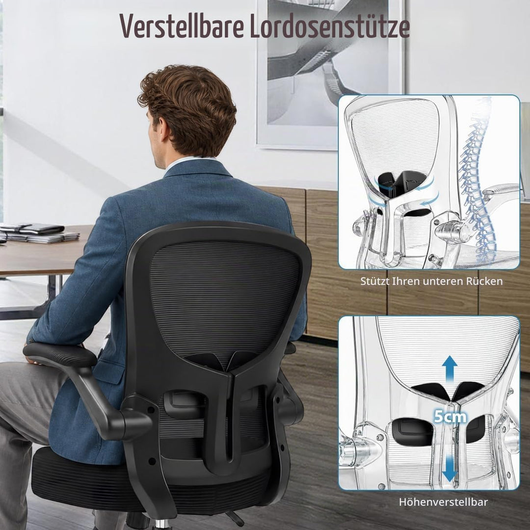 Durrafy Ergonomischer Bürostuhl, Schreibtischstuhl mit hochklappbaren Armlehnen, Verstellbarer Lende