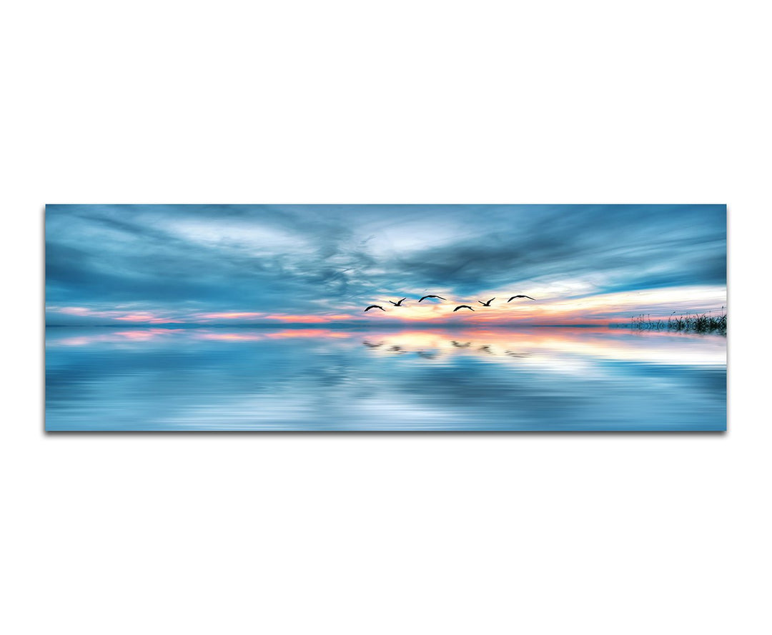 Paul Sinus Art Panoramabild auf Leinwand und Keilrahmen 150x50cm Meer Himmel Wolken Vögel