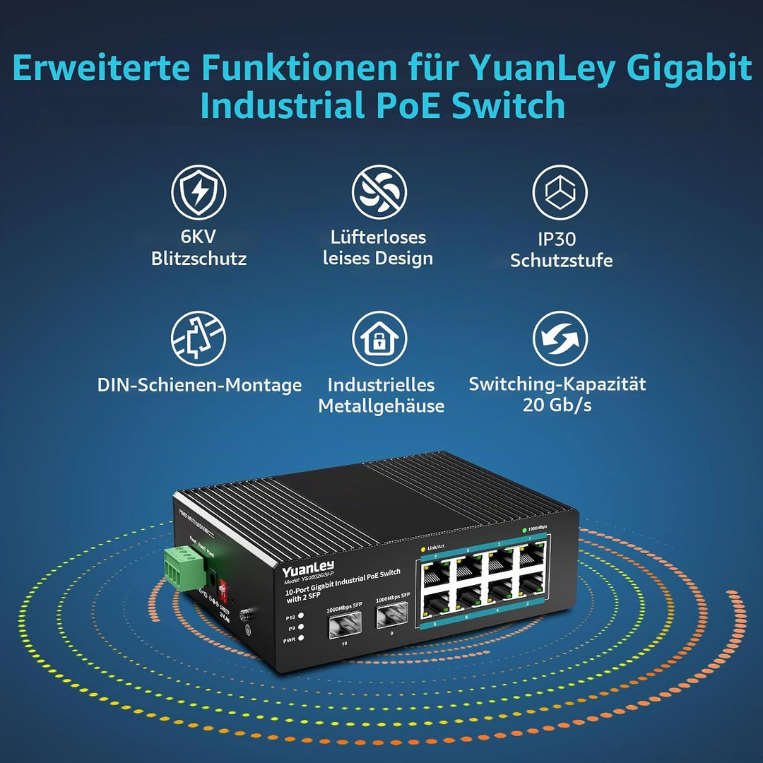YuanLey 10-Port Industrie-Switch mit 8X PoE Gigabit &amp; 2X SFP Ports, Unmanaged PoE Switch mit 120W Ne