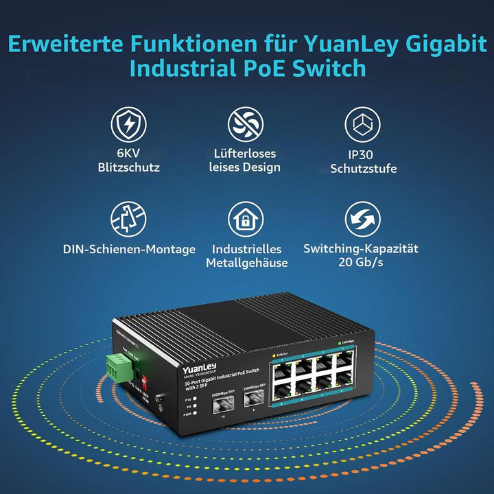 YuanLey 10-Port Industrie-Switch mit 8X PoE Gigabit &amp; 2X SFP Ports, Unmanaged PoE Switch mit 120W Ne