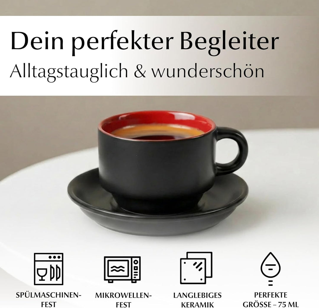 MIAMIO - 6 x 75 ml Espressotassen Set/Espresso Tassen Set mit Untertasse & Ständer - Kaffeetassen Se