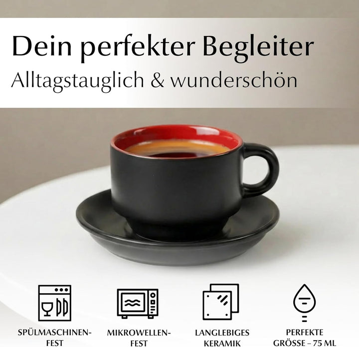 MIAMIO - 6 x 75 ml Espressotassen Set/Espresso Tassen Set mit Untertasse & Ständer - Kaffeetassen Se