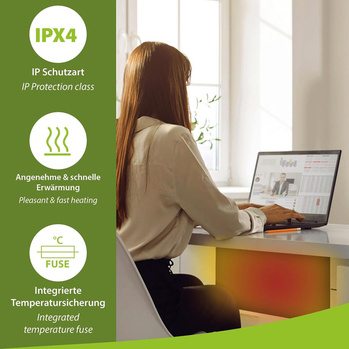 Infrarot Wärmeplatte Schreibtischheizung 30x60cm 150W mit Dimmer für stufenlose Regelung, IR Büro He