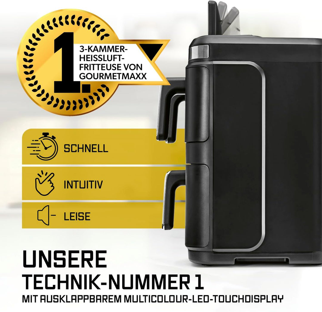 GOURMETmaxx FryUp3 Vertikale Heissluftfritteuse 3 Kammern | Airfryer XXL mit 3 Grillracks &amp; 3 Sichtf