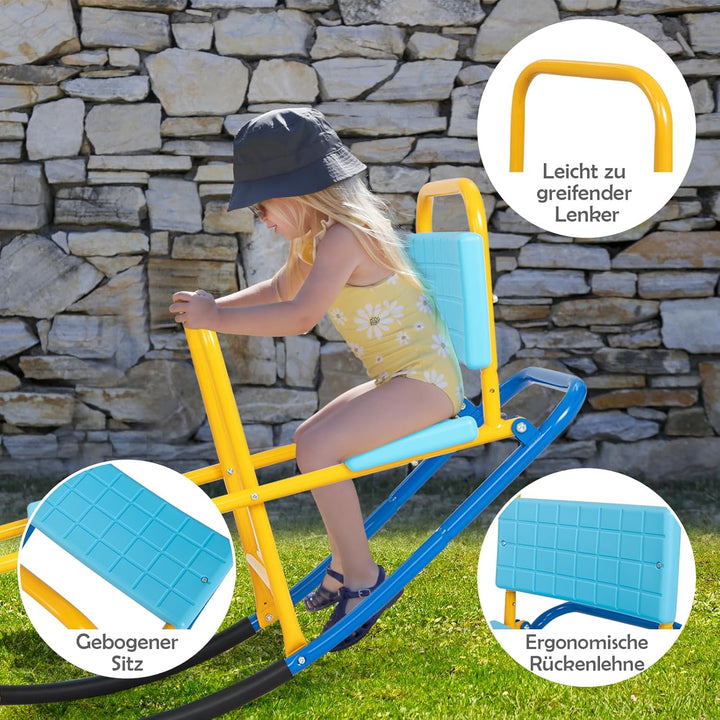 DREAMADE 3 Sitzer Kinder Wippe mit Rückenlehnen und Griffe, Schaukelwippe Metall 136x60x39cm, Karuss