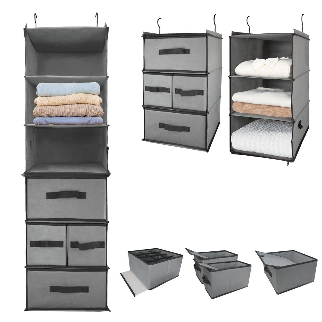 2-in-1-hängender Kleiderschrankorganisator mit 4 abnehmbaren Schubladen & 2 trennbaren hängenden Reg