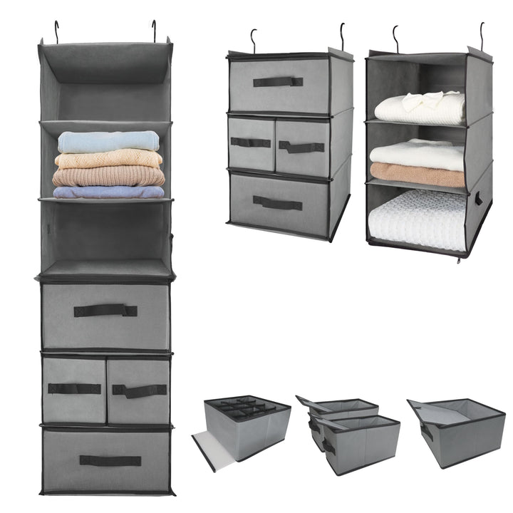 2-in-1-hängender Kleiderschrankorganisator mit 4 abnehmbaren Schubladen & 2 trennbaren hängenden Reg