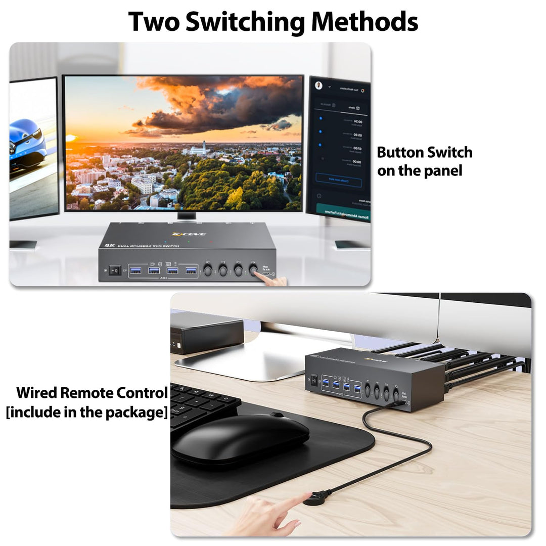 KVM Switch 2 Monitore 4 PC, USB 3.0 Displayport + HDMI KVM Umschalter für zwei Monitore, Unterstützt