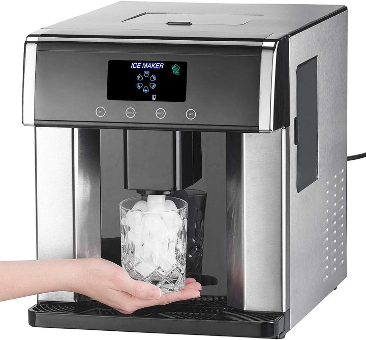 Rosenstein & Söhne Eiswürfelbereiter: Eiswürfelmaschine & Wasserspender V2 mit XL-Display, Edelstahl