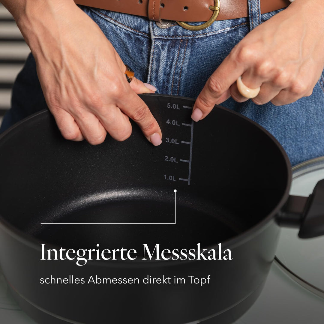 FLORINA Aluminium Topf (6,5 l) 28 cm I Kochtopf DELUX mit Glasdeckel I Messbecher & Antikratz-Beschi