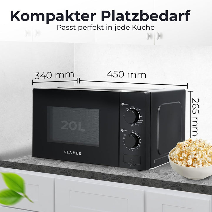 KLAMER Mikrowelle 20 Liter, 700 Watt, 9 Leistungsstufen inklusive Grill- und Auftaufunktion, 35-Minu