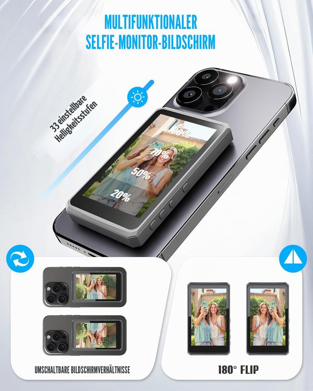 Handy Selfie Monitor, Magnetischer Vlog Selfie Monitor Bildschirm für iPhone/Android, Unterstützt 4K