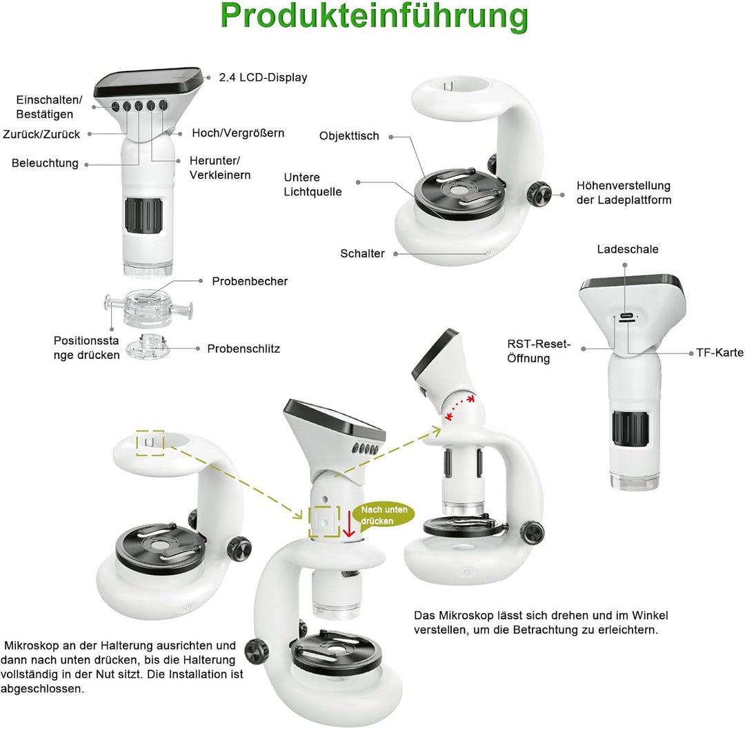 GuKKK Mikroskop für Kinder,2.0" IPS digitales Mikroskop 1000X Handheld Microscope 1080P HD Taschenmi
