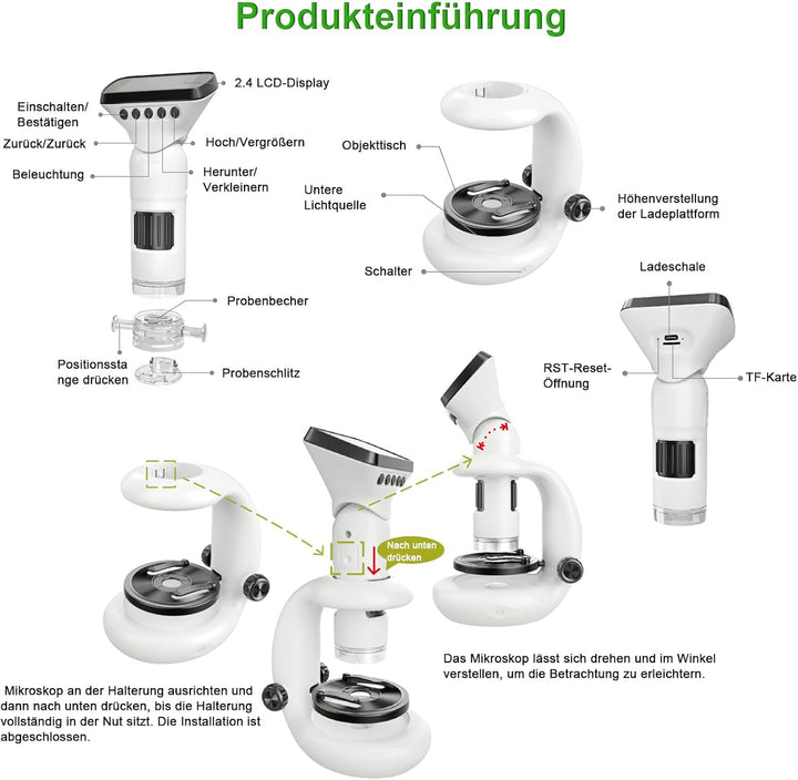 GuKKK Mikroskop für Kinder,2.0" IPS digitales Mikroskop 1000X Handheld Microscope 1080P HD Taschenmi