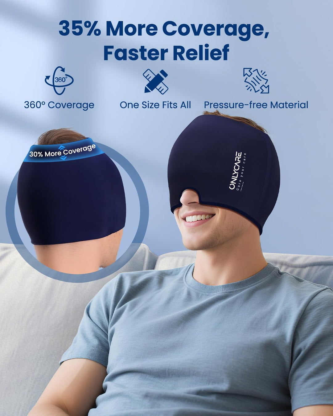ONLYCARE Migräne Maske, Upgraded Kühlmaske Schlafmaske Kühlmütze Kühlhaube 360° Gel Surround kühlpad