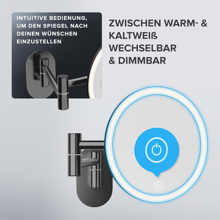 ovimar Kosmetikspiegel Ringstind Gunmetal | mit Beleuchtung | wiederaufladbar | Wandmontage ohne Boh