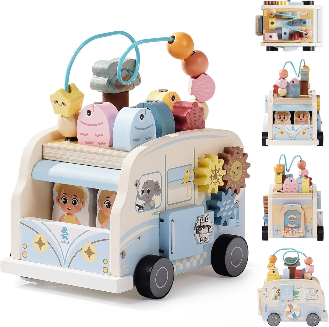 ROBUD Motorikwürfel Aktivitätsbus Holz, 8-in-1 Aktivitätswürfel Montessori-Spielzeug mit Perlenlabyr