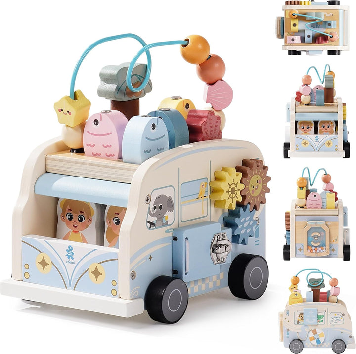 ROBUD Motorikwürfel Aktivitätsbus Holz, 8-in-1 Aktivitätswürfel Montessori-Spielzeug mit Perlenlabyr