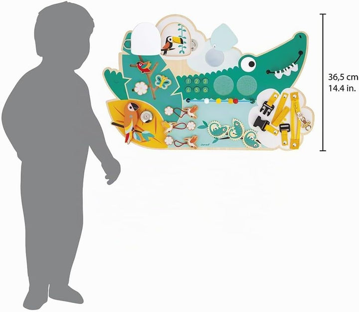 Janod - Busy Board Croco - Activity Board - Thema Dschungeltiere - 14 Aktivitäten - Kinderspielzeug