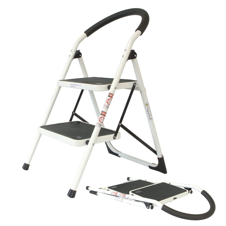 Stahl Klapptritt zusammenklappbar | 2 extra breite Stufen mit Anti-Rutsch-Matten | 84 cm Höhe | Trit