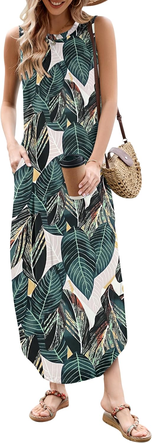 AUSELILY Maxikleider Damen Sommer Ärmellos Strandkleid Lang Sommer-Kleider XL Blattdruck, XL Blattdr