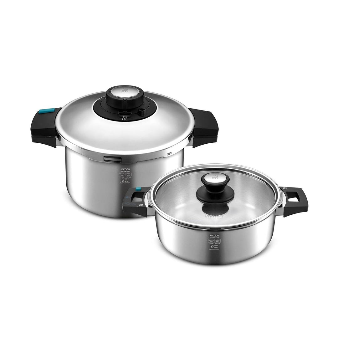 Karaca Quick and Safe Schnellkochtopf-Set 4+6 Lt, Ergonomische, nicht brennende Griffe und Aufsätze