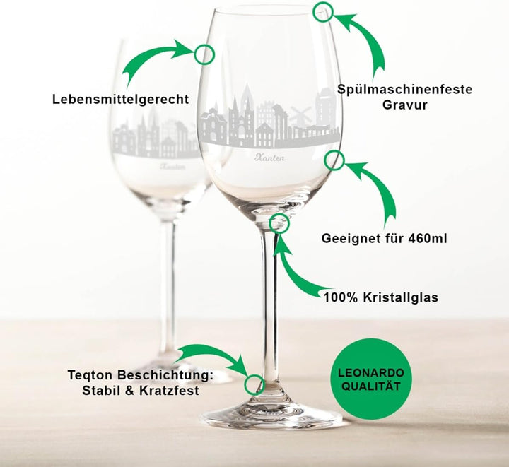 GRAVURZEILE Leonardo Weingläser - Skyline Xanten im Set - Hochwertige 360° Laser Gravur - schönes Ge