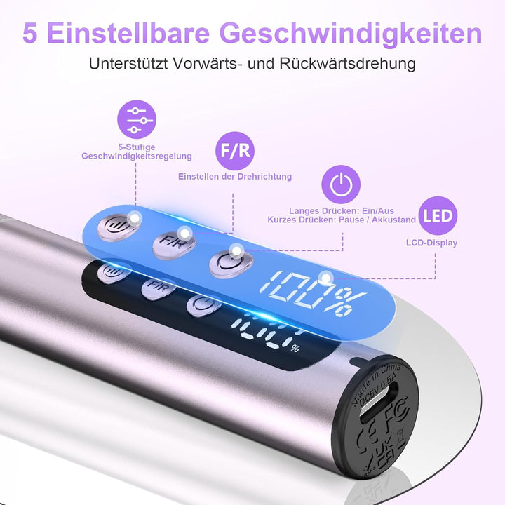Nagelfräser Kabellose Elektrische Nagelfeile - 35000 U/Min Nagelfräser für Gelnägel, 12 IN 1 Profess