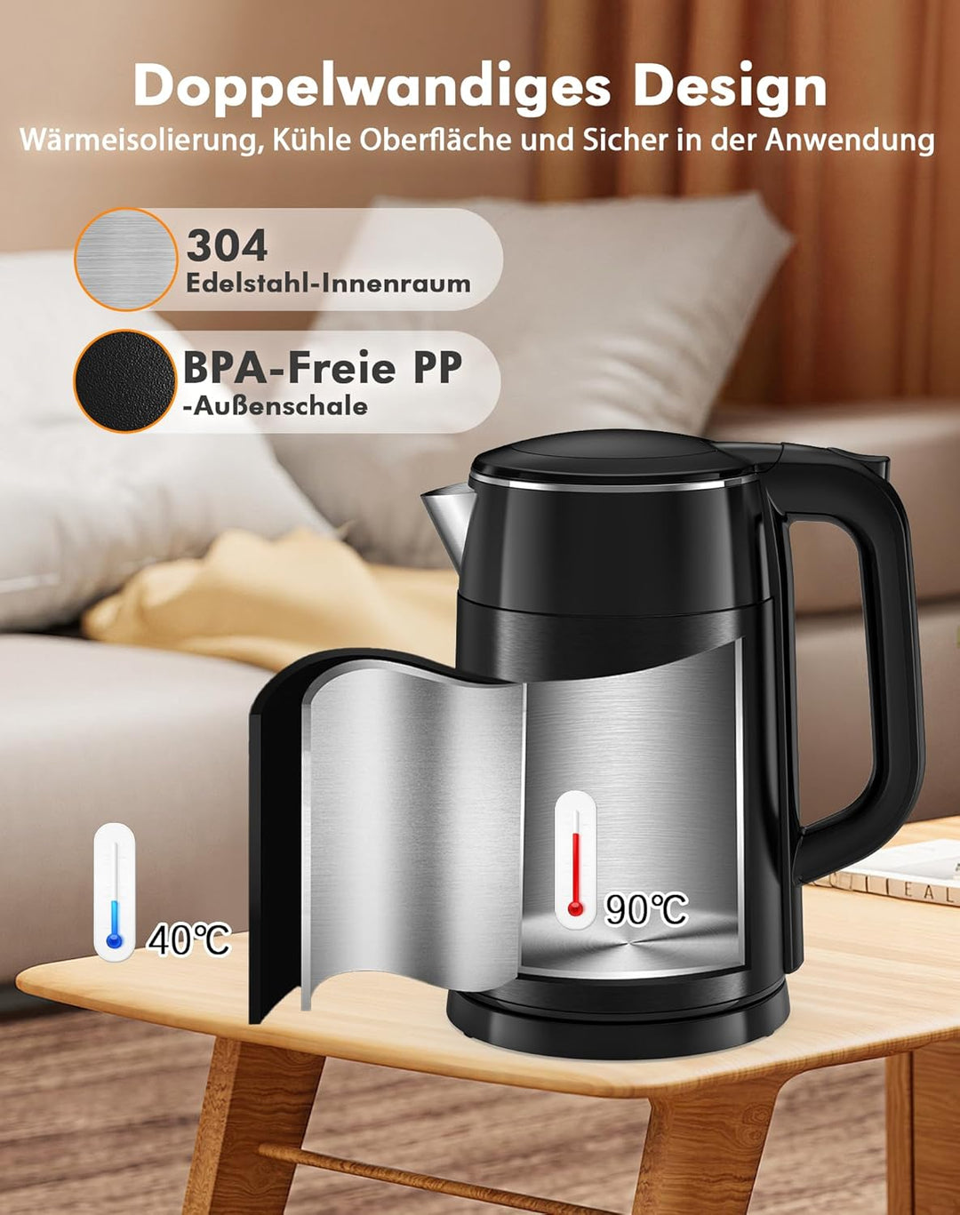 Wasserkocher mit Temperatureinstellung 1,7L 2200W Edelstahl Wasserkocher Schwarz mit 6 Temperaturstu