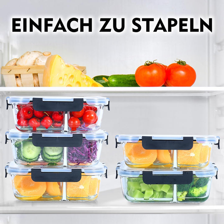 Glasbehälter mit Deckel Meal Prep Boxen Glas 3 Fächer (5Stück, 1040ml) Meal Prep Boxen Glas mit Tren