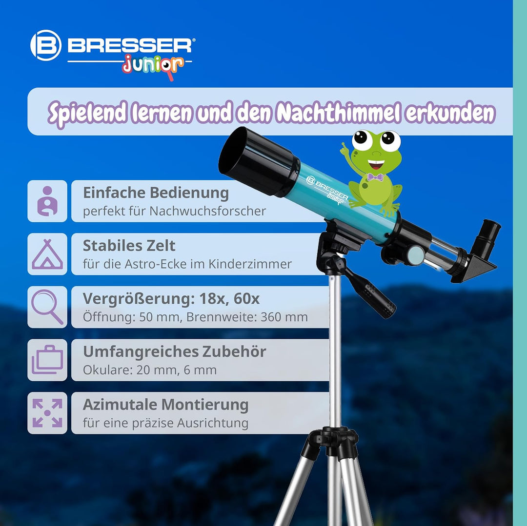 Bresser Junior Linsenteleskop 50/360 für Kinder - Astronomie Einsteigerset mit Zelt, Refraktor Teles