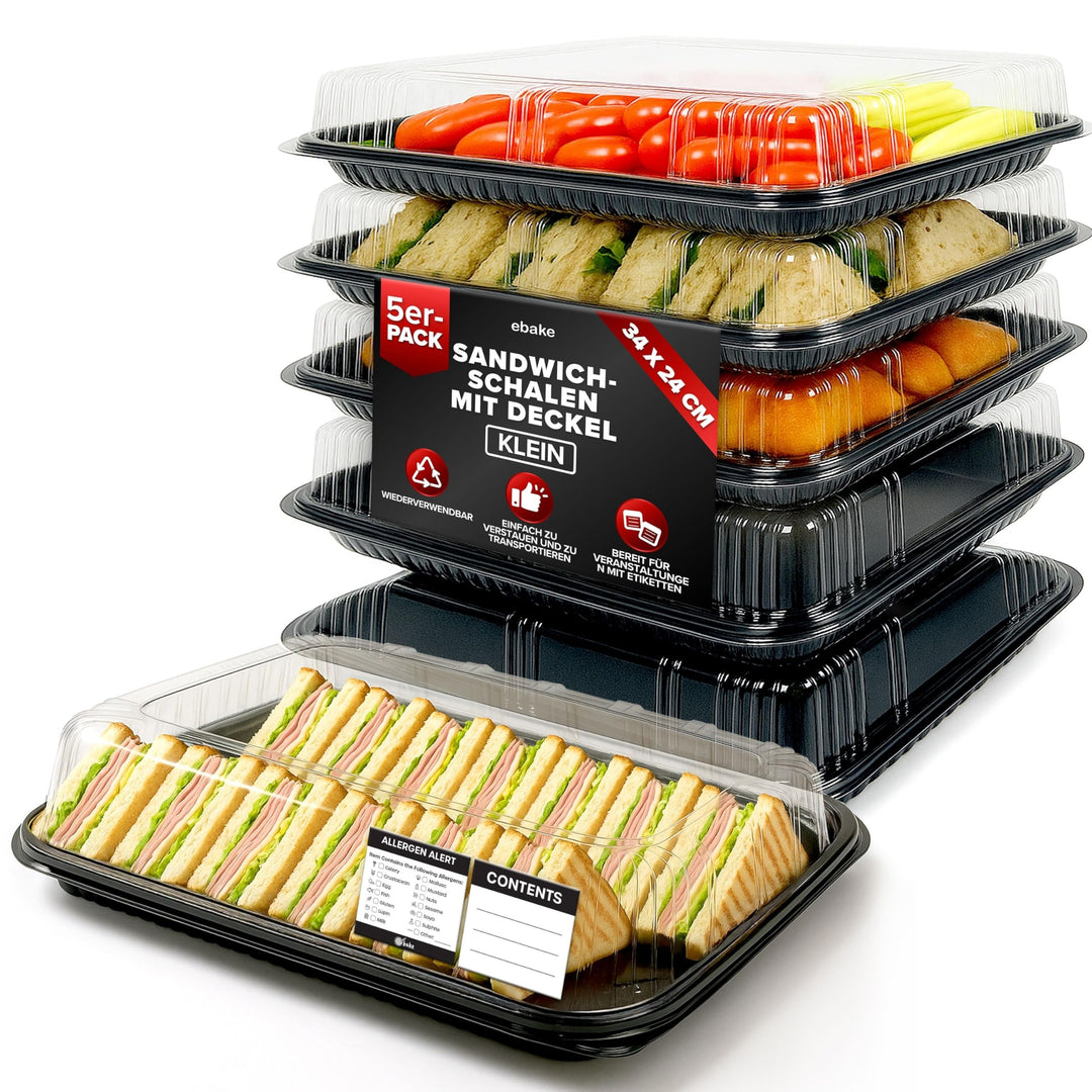 ebake Mehrweg Servierplatte mit Deckel (5 Stk. à 33 x 24 cm) - Meal Prep Boxen/Buffet Platten für Pa