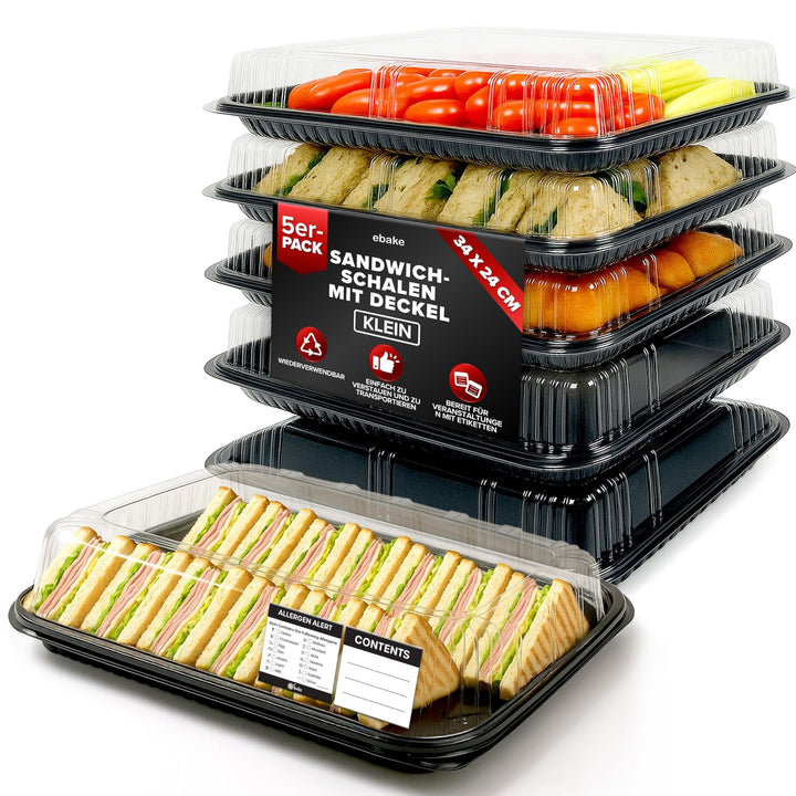 ebake Mehrweg Servierplatte mit Deckel (5 Stk. à 33 x 24 cm) - Meal Prep Boxen/Buffet Platten für Pa