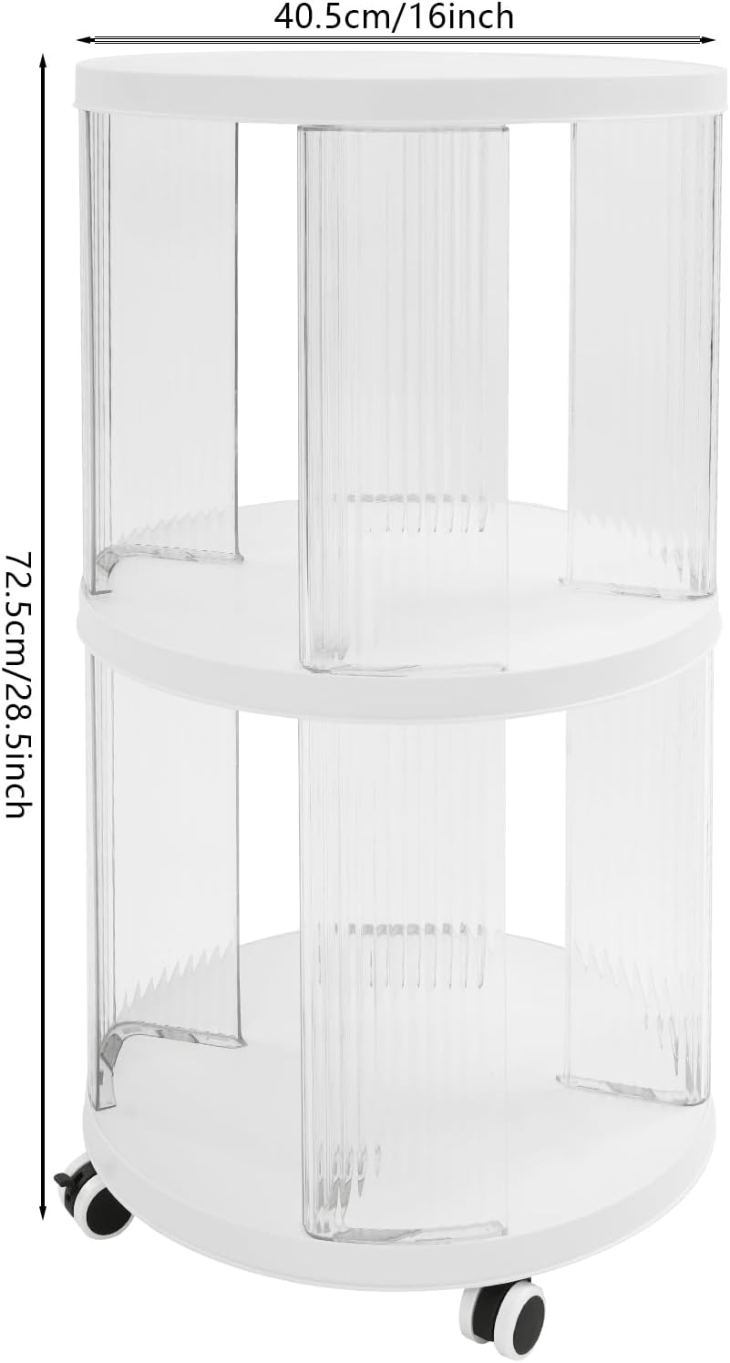 Bücherregal drehbar Klein 40,5x72,5cm Rund 2 Etagen Weiss Klar Freistehend | 4 Rollen mit Bremse ABS