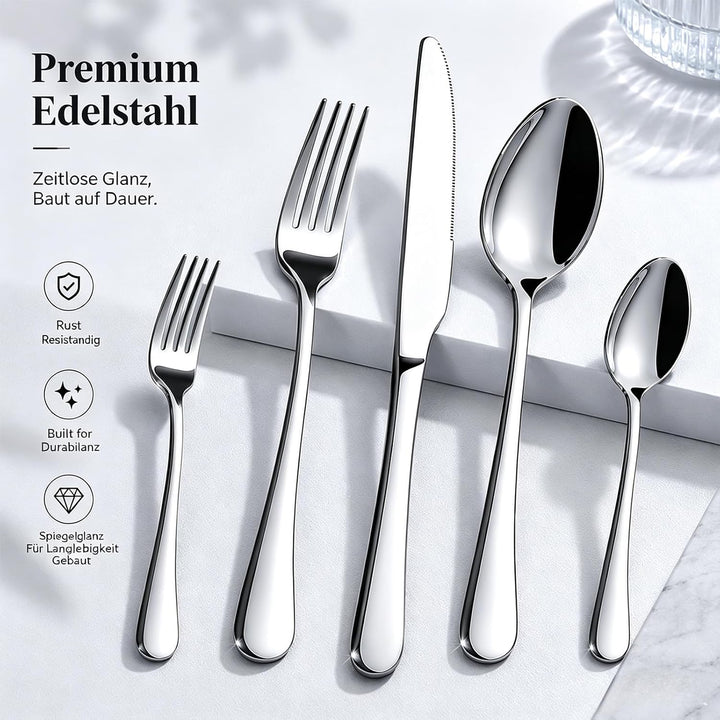 Besteck Set 4 Personen, 20-Teilig, 18/10 Edelstahl, Silber | Teardrop Design, Modern Poliert, Spülma