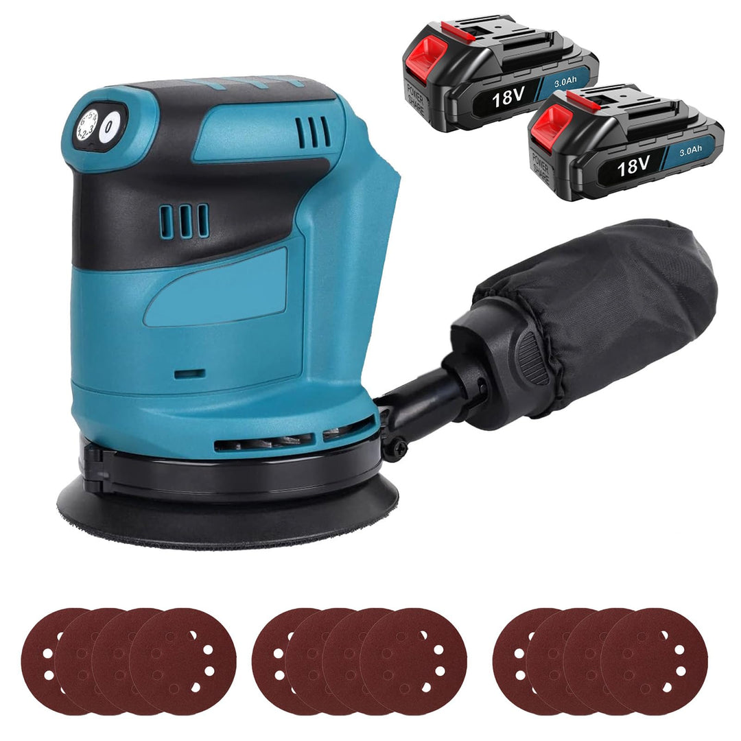 Akku-Exzenterschleifer mit 2 3000mAh, 125mm Exzenterschleifer Akku 18v Ersatz für Makita DBO180Z, 15