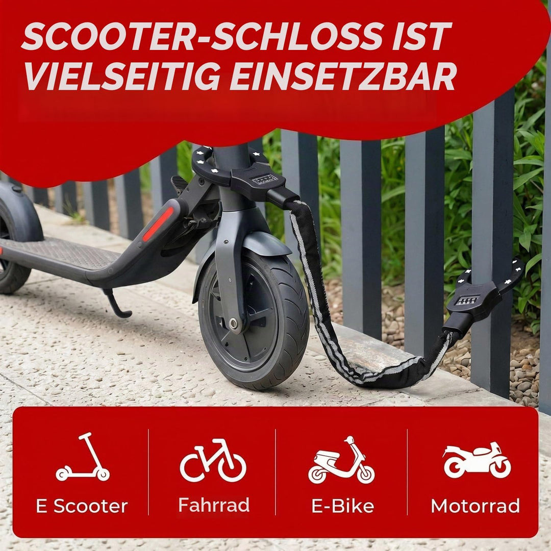 E Scooter Schloss mit Zahlencode, Zahlenschloss für E Scooter, 6mm-Kettenglied Handschellenschloss,