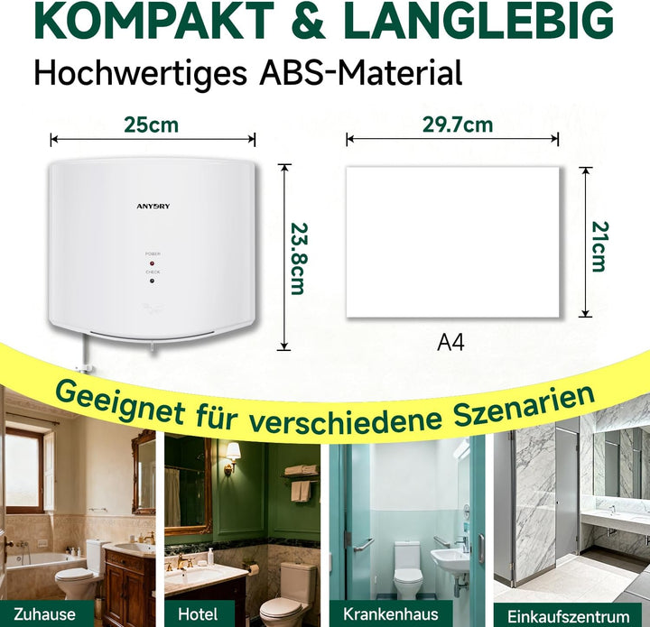 anydry 2630S Kompakter Händetrockner,Automatischer Elektrischer Händetrockner für Wandmontage,Für Ge