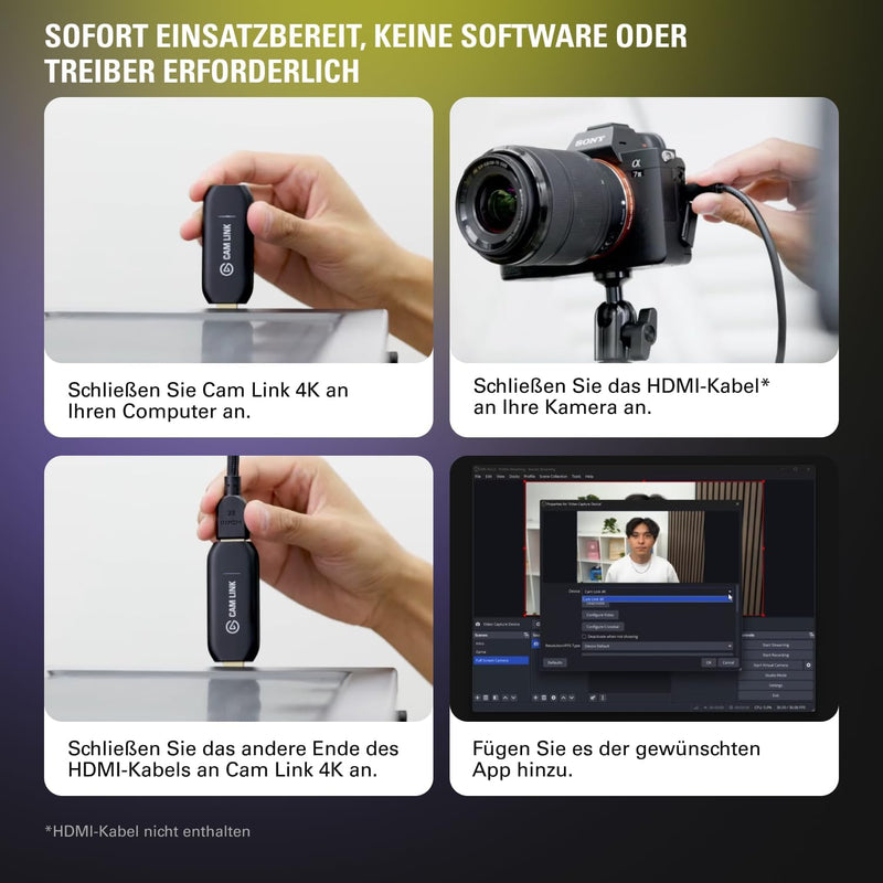 Elgato Cam Link 4K, externe Kamera-Aufnahmekarte, streamen und aufzeichnen mit DSLR, Camcorder, als