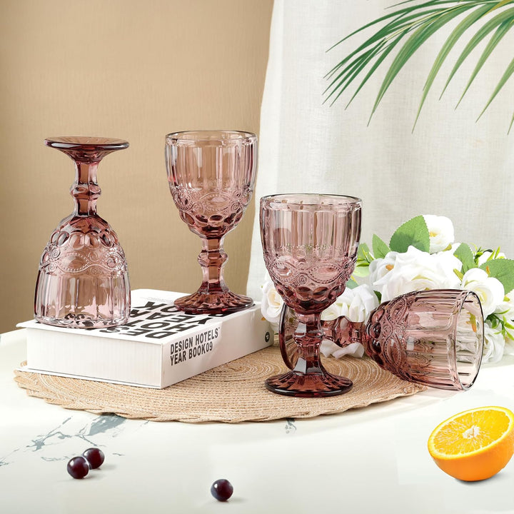Joeyan Lila Vintage Weingläser mit Geprägtem Design,Farbiger Relief Rotweingläser Weissweingläser,Tr